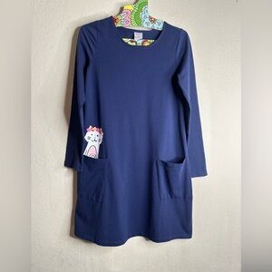 Hanna Andersson 140 pocket dress cat peeking navy size 12